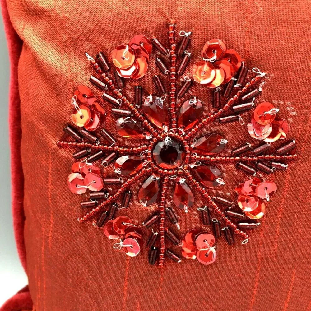 Kim Seybert Christmas Red Snowflake Beaded Sequins Accent Pillow Holidays Decor